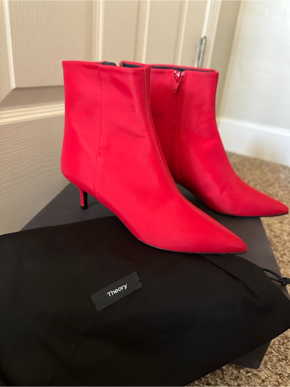Theory Bright Red Pointed Toe Ankle Booties